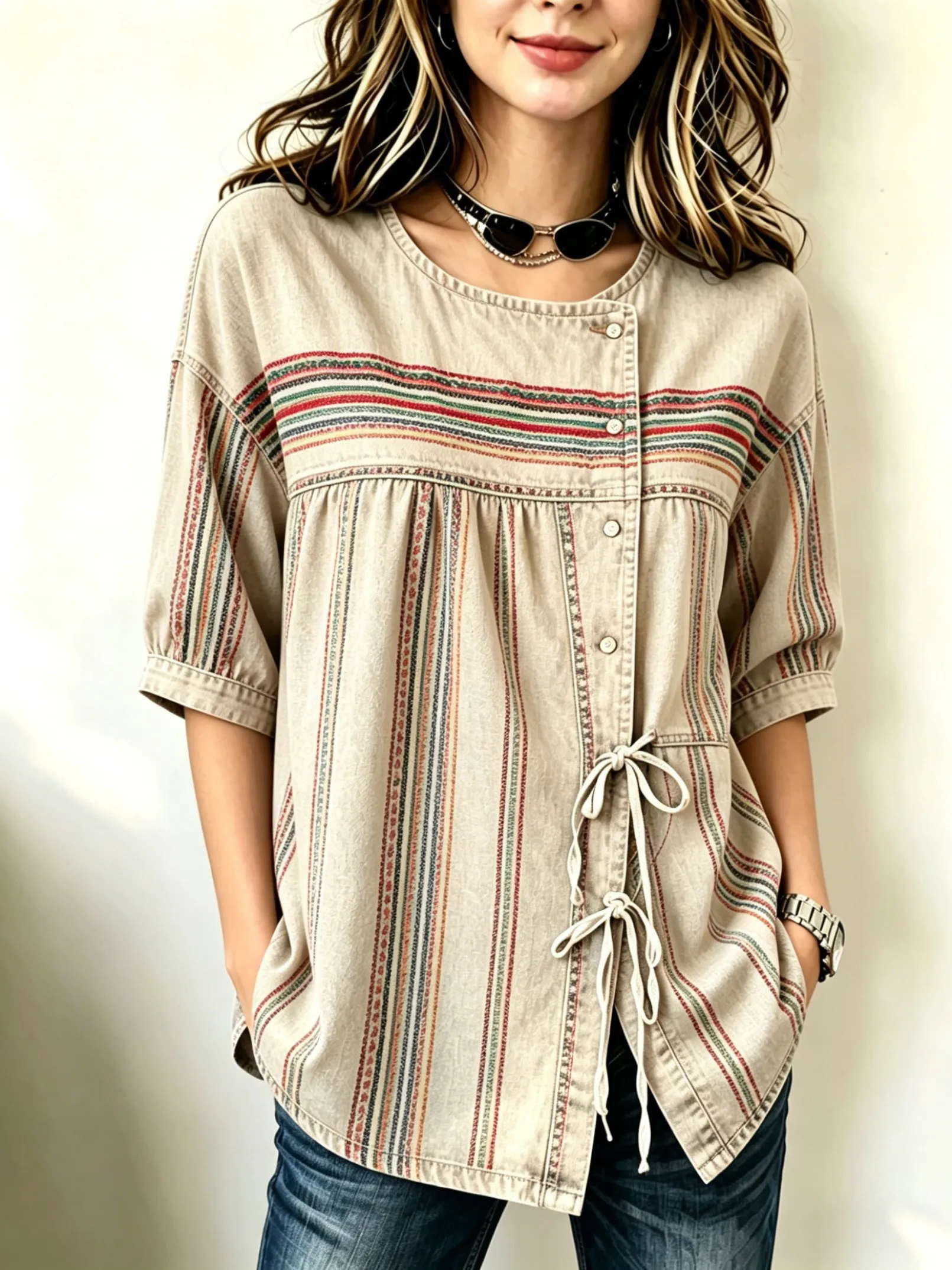 Women's Beige Boho Stripe Print Drawstring Button Up Blouse, Casual Round Neck Tops for Spring Summer Daily Vacation Wear
Women's Beige Boho Stripe Print Drawstring Button Up Blouse, Casual Round Neck Tops for Spring Summer Daily Vacation Wear