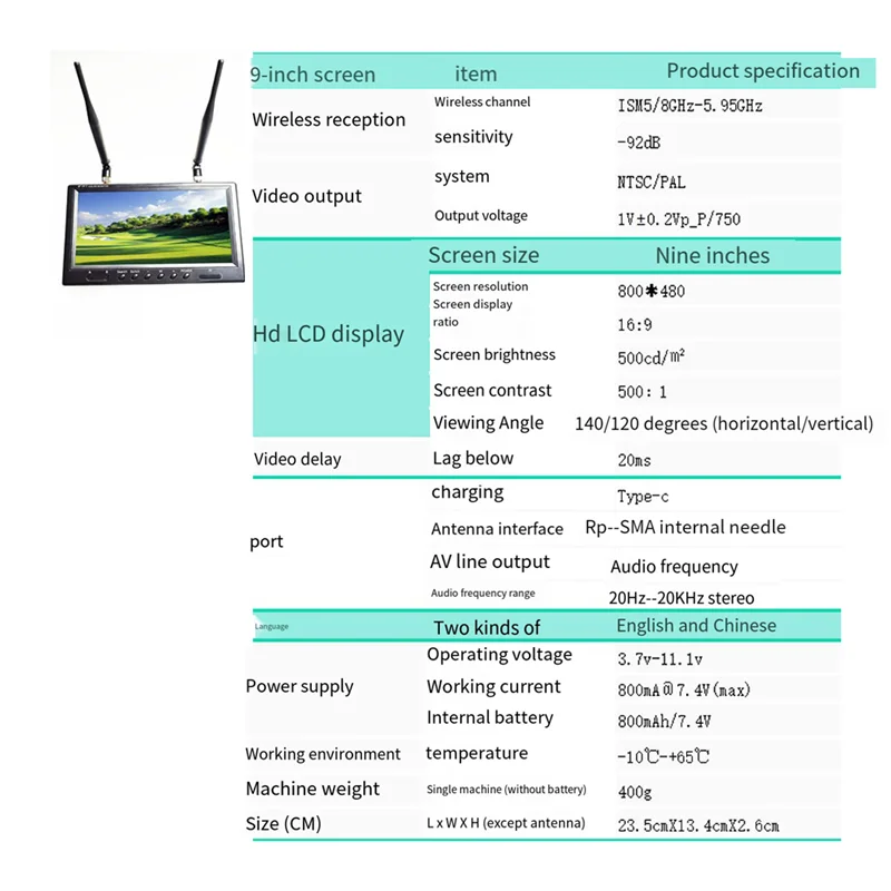 9-дюймовый 5,8G FPV-монитор с ЖК-экраном 800X480 20 Гц-20 кГц стерео двойной приемник для RC FPV дрона квадрокоптера простая в использовании вилка европейского стандарта
9-дюймовый 5,8G FPV-монитор с ЖК-экраном 800X480 20 Гц-20 кГц стерео двойной приемник для RC FPV дрона квадрокоптера простая в использовании вилка европейского стандарта
