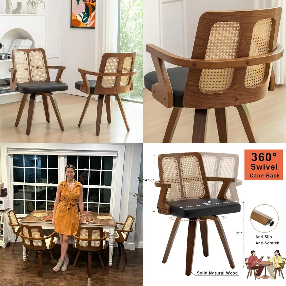 Pair of Swivel Cane Back Dining Chairs with Walnut Frame, Cushioned Arms, and Faux Leather Seat
Pair of Swivel Cane Back Dining Chairs with Walnut Frame, Cushioned Arms, and Faux Leather Seat