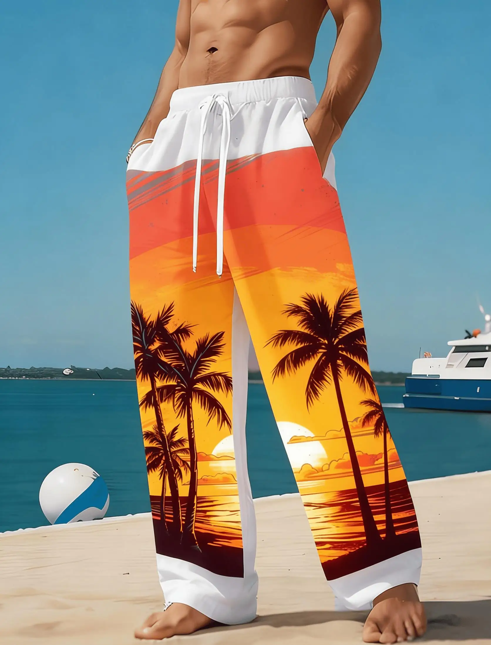 Men's Beach Coconut Tree Print Casual Pants, Spring Summer Vacation Loose Straight Trousers, Drawstring Waist Comfy Loungewear
Men's Beach Coconut Tree Print Casual Pants, Spring Summer Vacation Loose Straight Trousers, Drawstring Waist Comfy Loungewear