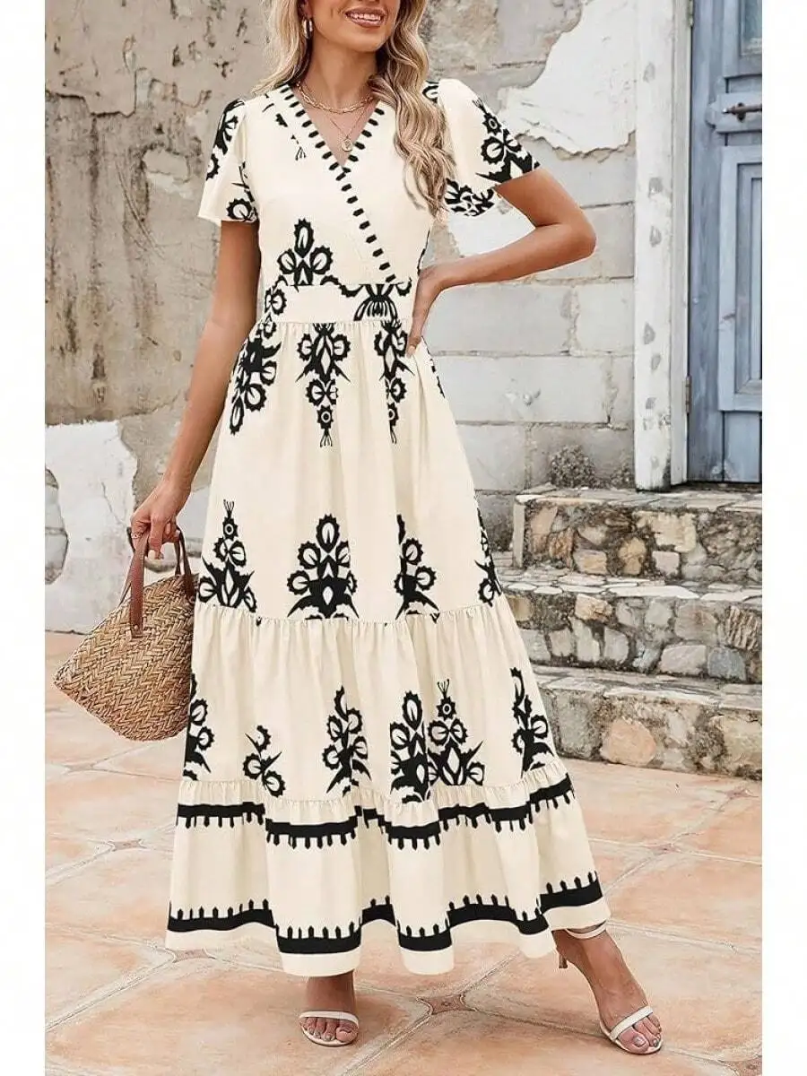 Women Boho Maxi Dress V Neck Short Sleeve Printed High Waist Flowy A Line Summer Casual Vacation
Women Boho Maxi Dress V Neck Short Sleeve Printed High Waist Flowy A Line Summer Casual Vacation