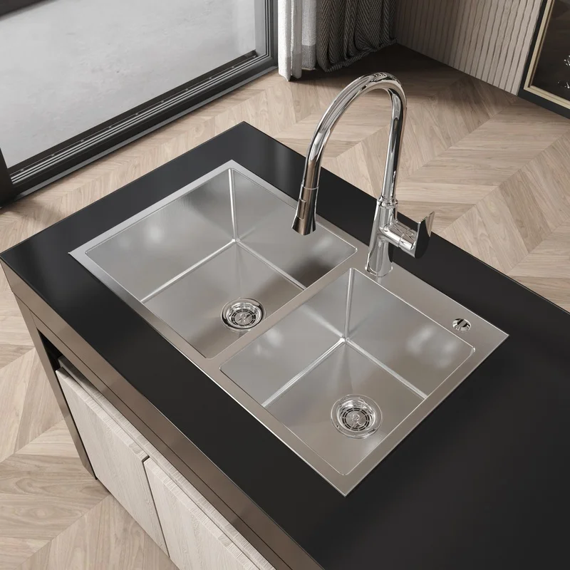 32" x 19" Brushed Nickel Double Bowl Stainless Steel Kitchen Sink, Overmount, US Standard Drain, with Hook, LS-SSBR03
32" x 19" Brushed Nickel Double Bowl Stainless Steel Kitchen Sink, Overmount, US Standard Drain, with Hook, LS-SSBR03