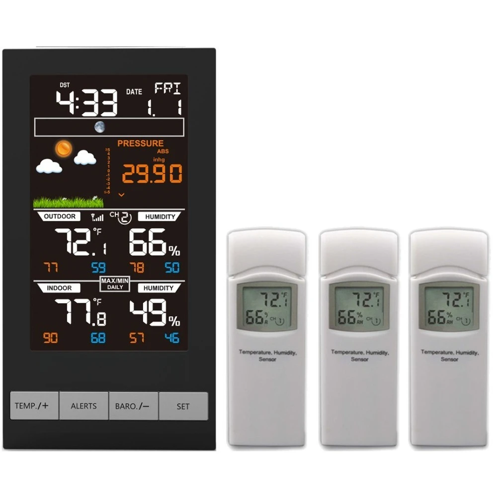Усовершенствованная беспроводная цветная метеостанция с 3 наружными датчиками для домашнего прогноза
Усовершенствованная беспроводная цветная метеостанция с 3 наружными датчиками для домашнего прогноза