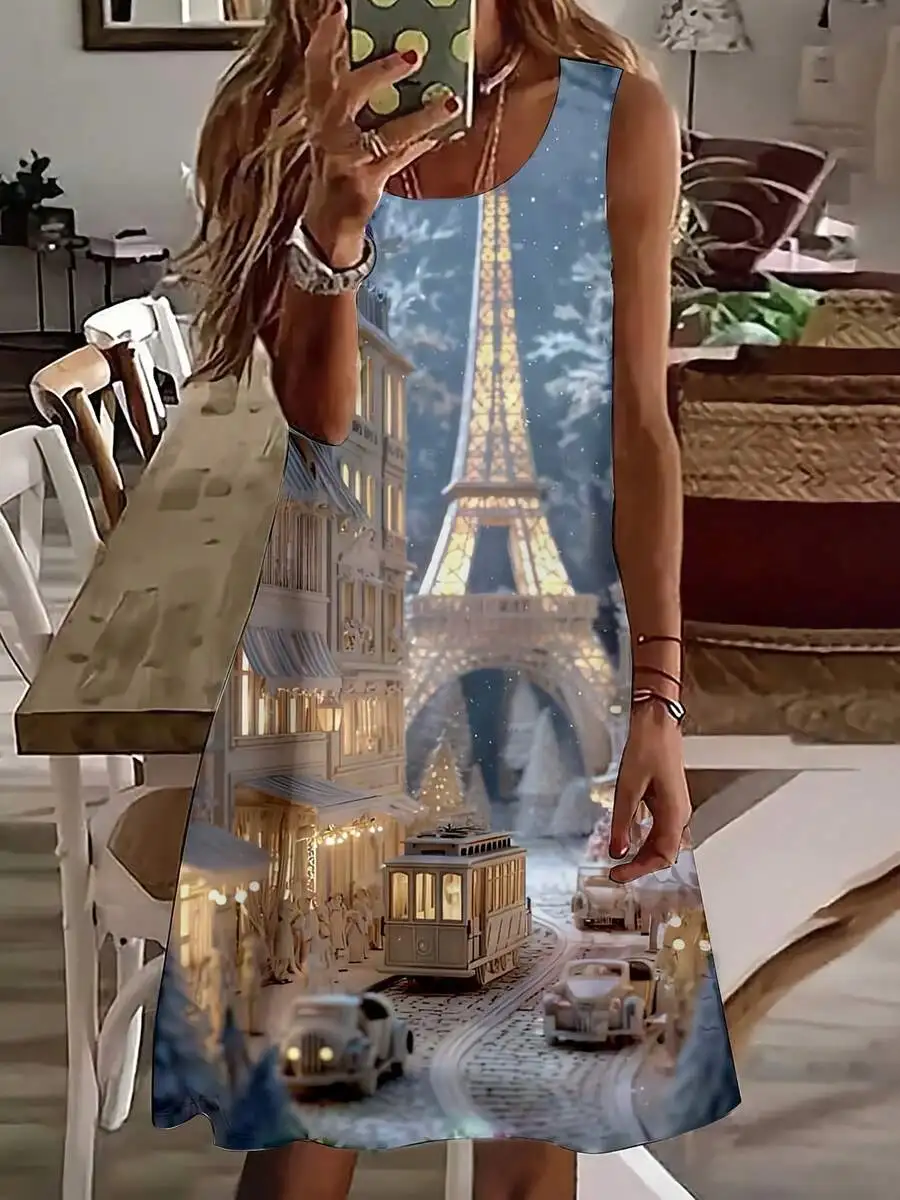 Women Sleeveless Dress Paris Eiffel Tower Cityscape Print Summer Vacation Outfit
Women Sleeveless Dress Paris Eiffel Tower Cityscape Print Summer Vacation Outfit