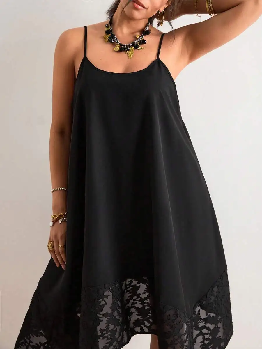 Black Asymmetrical Hem Lace Trim Loose Cami Summer Boho Dress Beach Sundress Holiday Outfit
Black Asymmetrical Hem Lace Trim Loose Cami Summer Boho Dress Beach Sundress Holiday Outfit