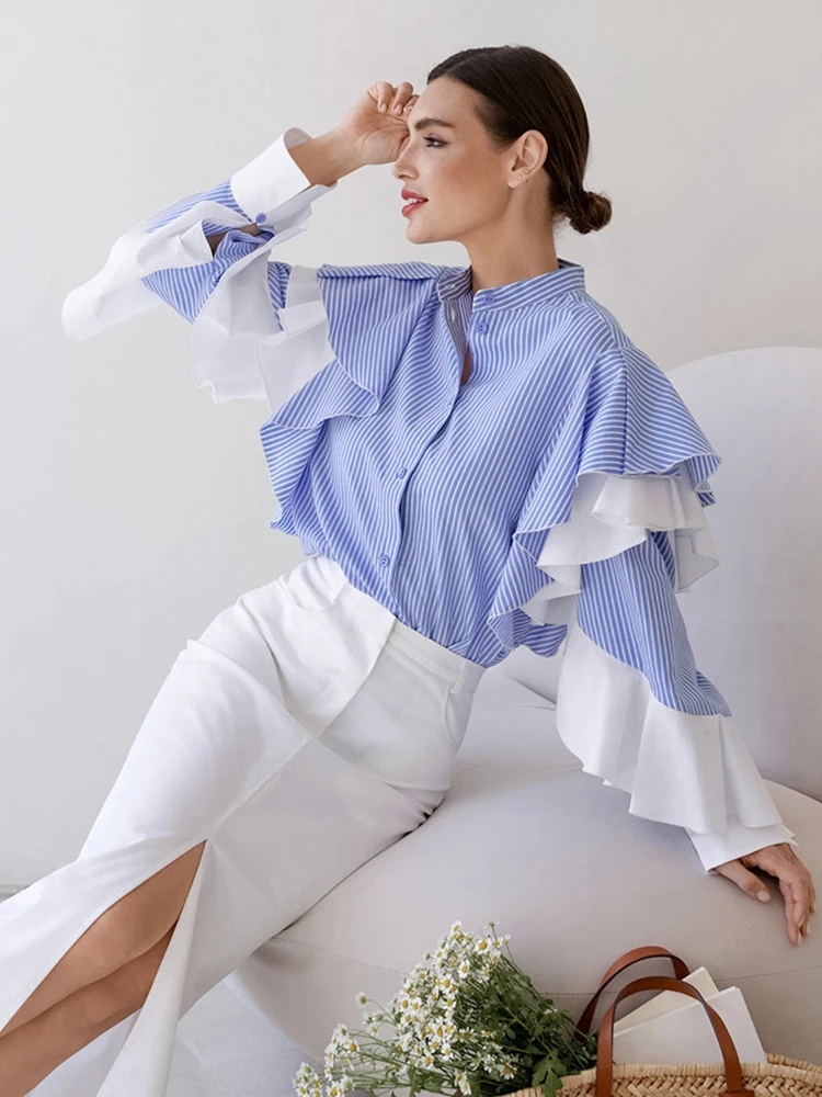 Mueyaruho 2023 Autumn Winter Women Elegant Striped Shirt Blue Casual Long Sleeve Ruffles Blouse Female
Mueyaruho 2023 Autumn Winter Women Elegant Striped Shirt Blue Casual Long Sleeve Ruffles Blouse Female