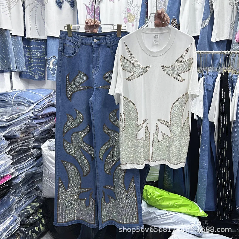 Fashion Spring Summer Women Sets Luxury Hot Diamonds Loose White Short Sleeve T-shirt Top + High Waist Wide Leg Denim Trousers
Fashion Spring Summer Women Sets Luxury Hot Diamonds Loose White Short Sleeve T-shirt Top + High Waist Wide Leg Denim Trousers