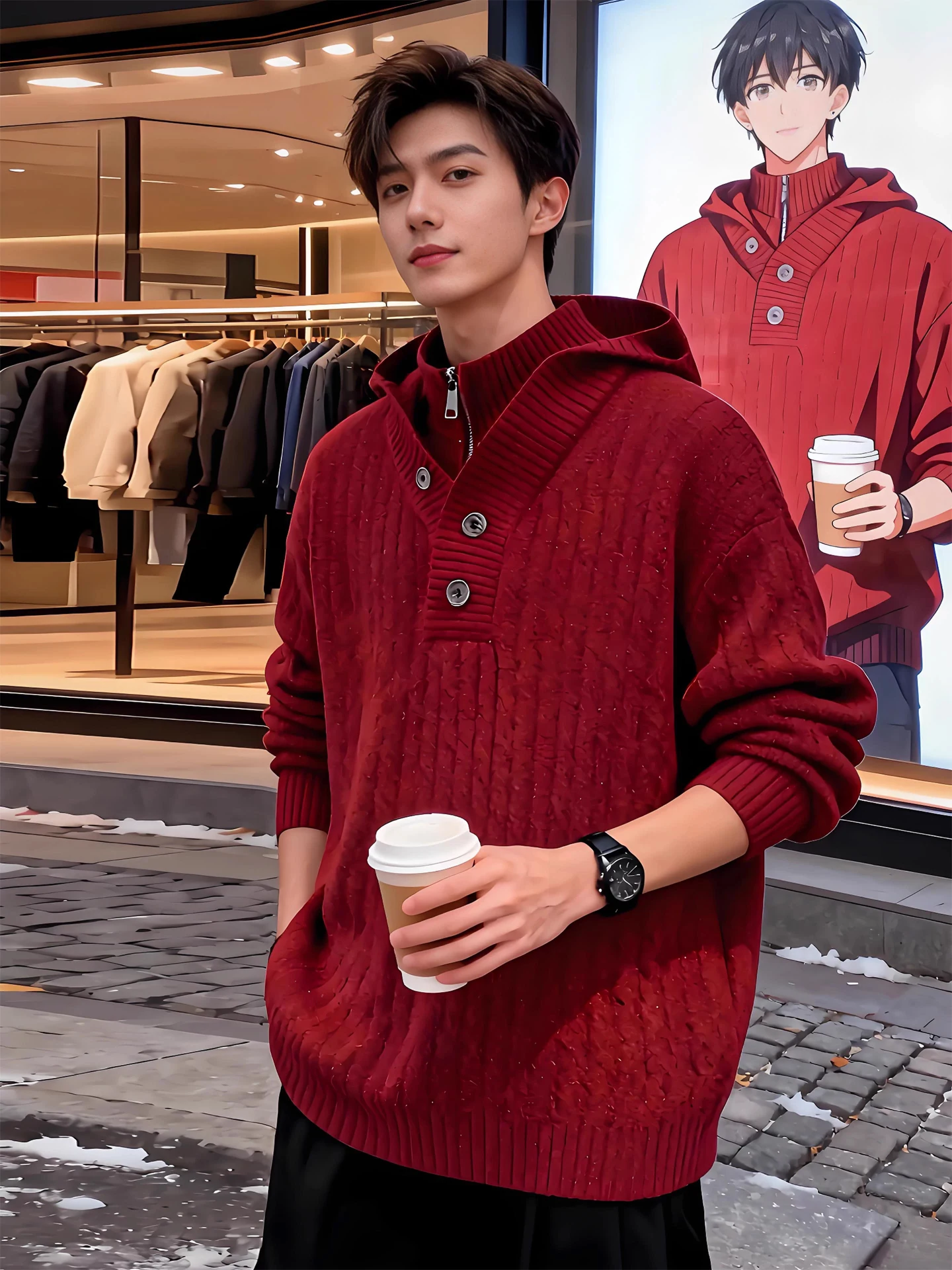 Red High Collar Hoodie Knitted Sweater Men's Winter Faionable Lazy Sle Couple Outerwear Fake Two-Piece Loose Fit Long Sve
Red High Collar Hoodie Knitted Sweater Men's Winter Faionable Lazy Sle Couple Outerwear Fake Two-Piece Loose Fit Long Sve