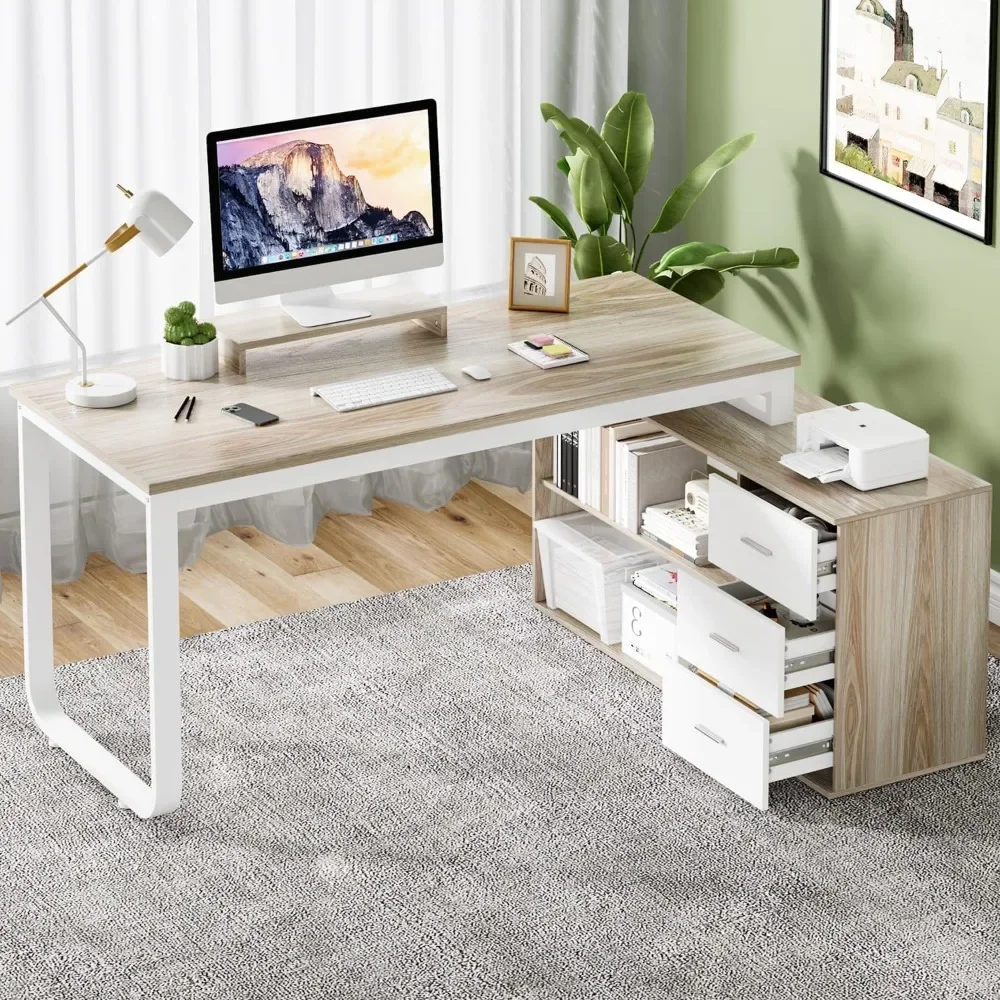 55 Inch Reversible L Shaped Computer Desk with 3 Drawers, Corner Desk with Storage Shelves and Removable Monitor Stand
55 Inch Reversible L Shaped Computer Desk with 3 Drawers, Corner Desk with Storage Shelves and Removable Monitor Stand