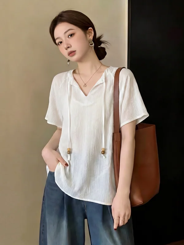 Ethnic Style Beaded V-Neck Short Sleeve Shirt Women's Summer New Large Size Fat MM Thin Chiffon Top Korean Version Loose Fit
Ethnic Style Beaded V-Neck Short Sleeve Shirt Women's Summer New Large Size Fat MM Thin Chiffon Top Korean Version Loose Fit