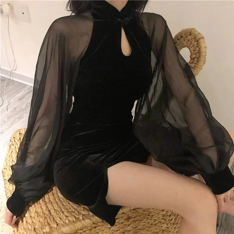 Spring Summer Korean Women's Dress Velvet Side Split Lantern Sleeve Slim Fit Long Sleeves Dress Mandarin Collar Mini Dress Y2k
Spring Summer Korean Women's Dress Velvet Side Split Lantern Sleeve Slim Fit Long Sleeves Dress Mandarin Collar Mini Dress Y2k
