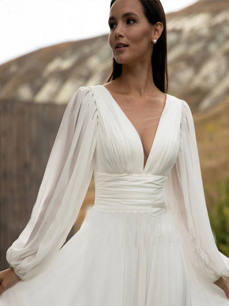 Simple Long Puff Sleeve Chiffon Wedding Dress Bridal A Line Backless Beach Bride Gown Sweep Train robe de mariée vestidos
Simple Long Puff Sleeve Chiffon Wedding Dress Bridal A Line Backless Beach Bride Gown Sweep Train robe de mariée vestidos