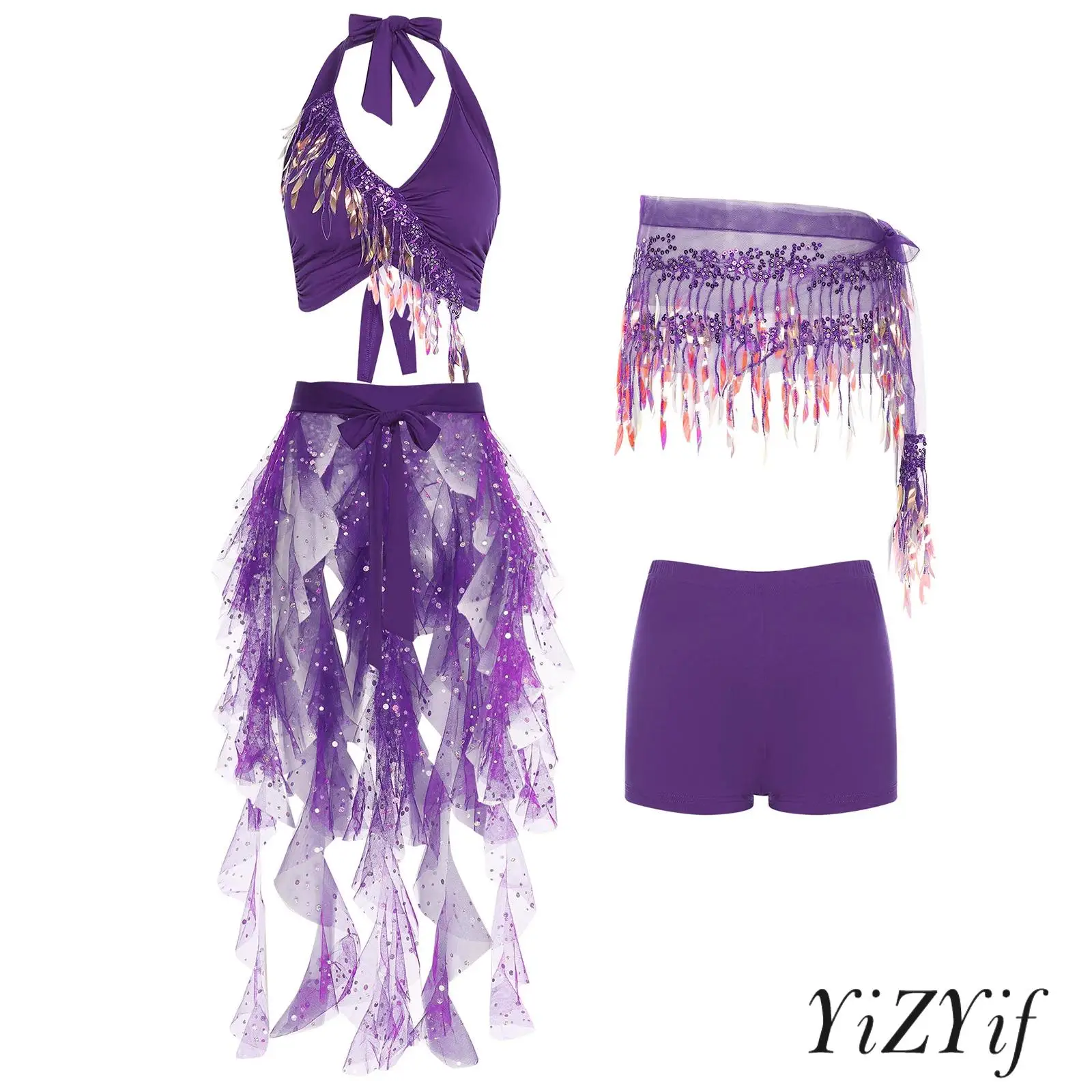 Womens Belly Dance Outfits Sequin Lace-up Crop Top+Hip Scarf+Cascading Split Tulle Skirt +Safety Shorts Indian Lyrical Dancewear
Womens Belly Dance Outfits Sequin Lace-up Crop Top+Hip Scarf+Cascading Split Tulle Skirt +Safety Shorts Indian Lyrical Dancewear
