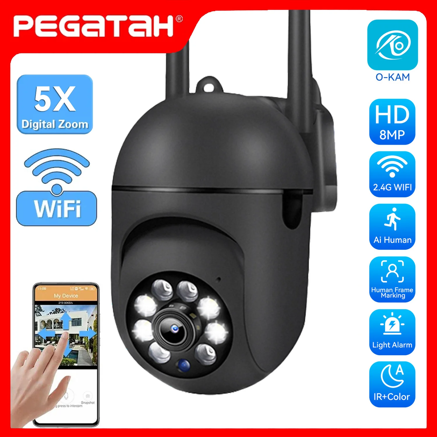 5MP HD Wi-Fi IP-камера ночного видения с цветным изображением, PTZ-камера с 5-кратным зумом, отслеживанием человека, без приложения, световой сигнализацией, O-Kam Pro
5MP HD Wi-Fi IP-камера ночного видения с цветным изображением, PTZ-камера с 5-кратным зумом, отслеживанием человека, без приложения, световой сигнализацией, O-Kam Pro