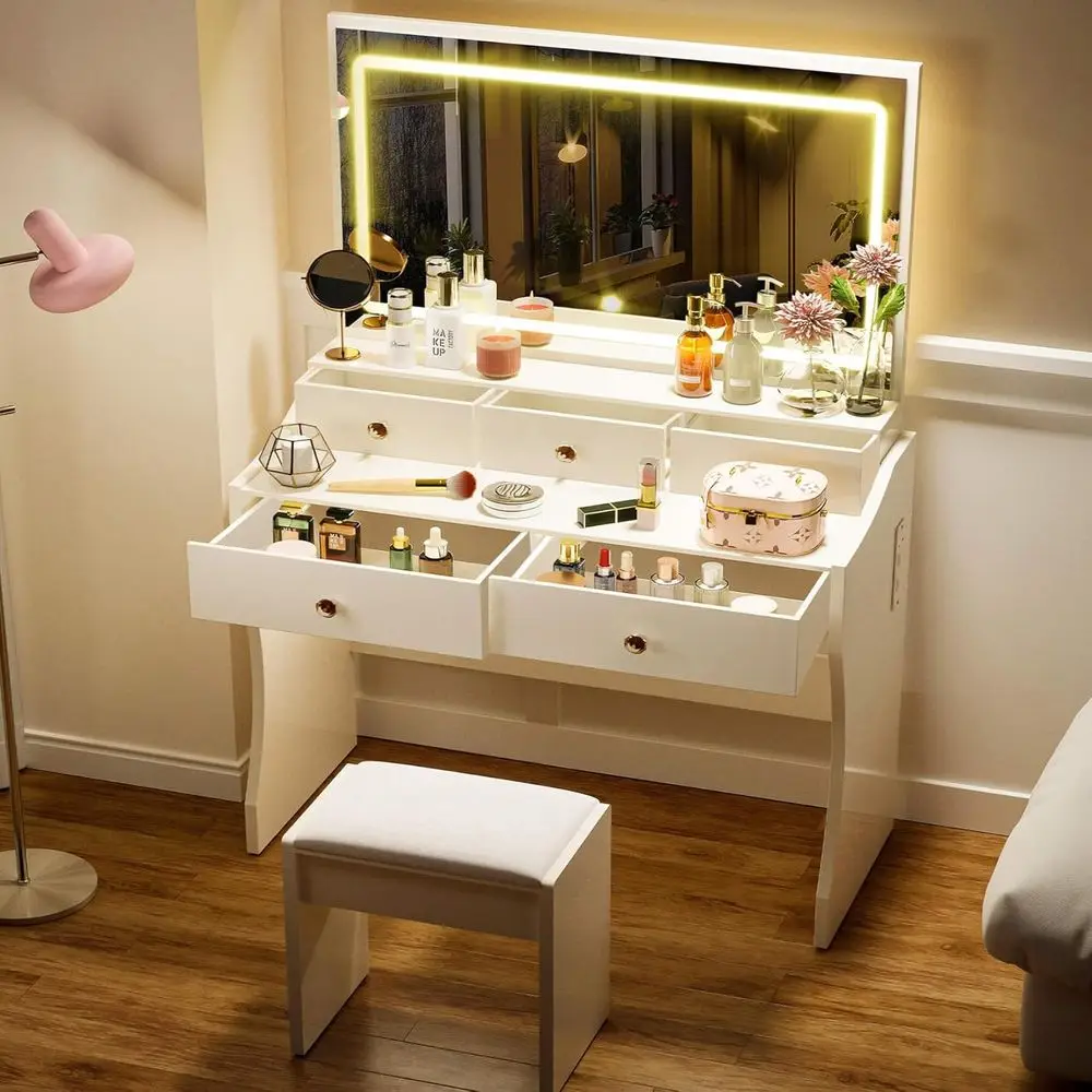 Makeup Vanity Desk with LED Mirror, 5 Drawers, Chair, and Charging Station, Pearl White
Makeup Vanity Desk with LED Mirror, 5 Drawers, Chair, and Charging Station, Pearl White