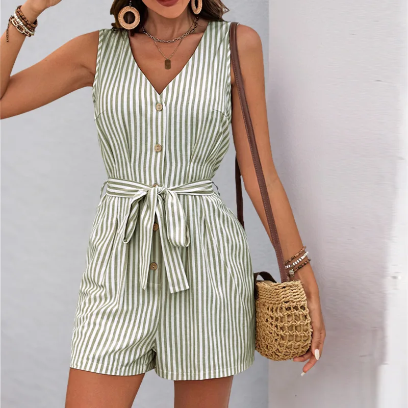 2025 Fashion V Neck Sleeveless Striped Printed Women's Romper Shorts Summer Beach Casual Button Down Shirt Romper Shorts Female
2025 Fashion V Neck Sleeveless Striped Printed Women's Romper Shorts Summer Beach Casual Button Down Shirt Romper Shorts Female