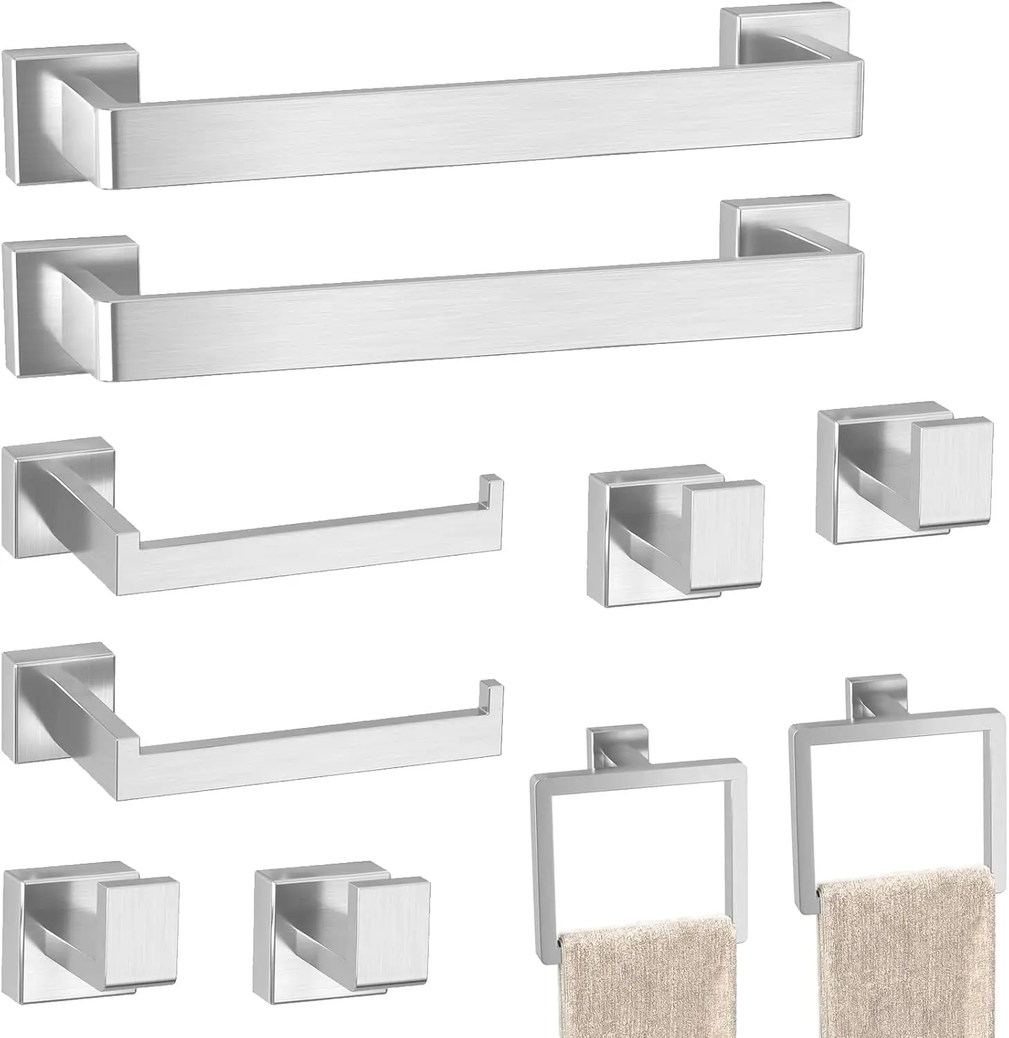 10-Piece Brushed Nickel Bathroom Hardware Set: SUS304 Stainless Steel Towel Bars, Rings, Hooks & Toilet Paper Holder, Wall Mounted
10-Piece Brushed Nickel Bathroom Hardware Set: SUS304 Stainless Steel Towel Bars, Rings, Hooks & Toilet Paper Holder, Wall Mounted