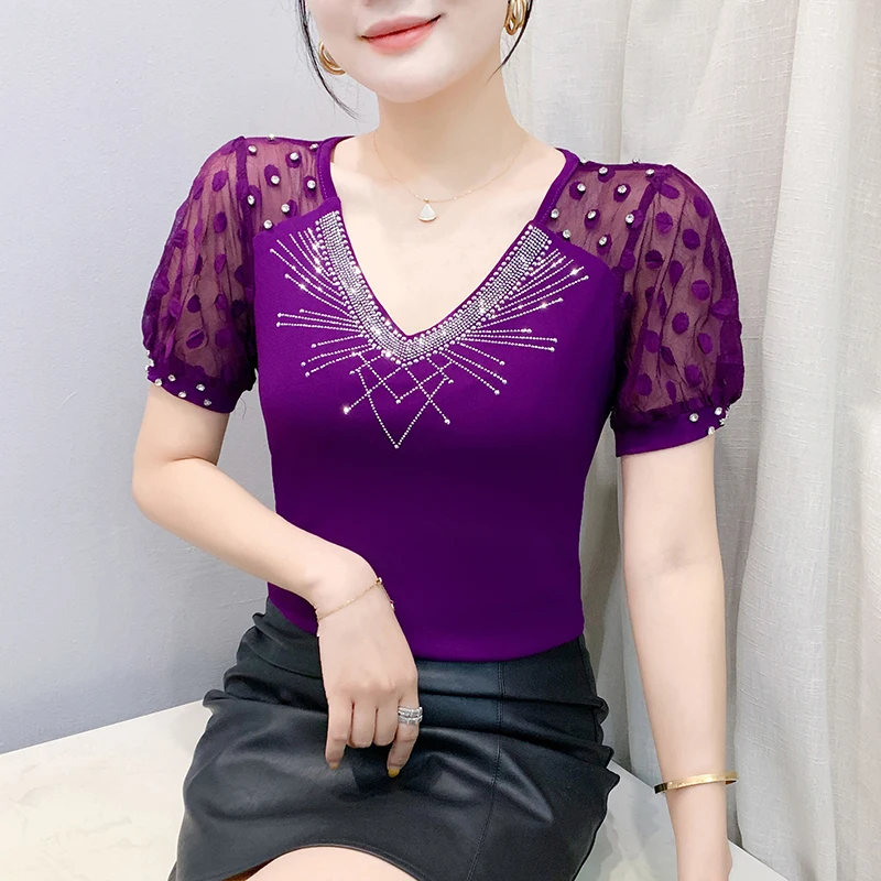European Style Summer Clothes New Fashion V-neck Diamond Shirt Patchwork Mesh Tops Short Sleeve Casual T Shirt
European Style Summer Clothes New Fashion V-neck Diamond Shirt Patchwork Mesh Tops Short Sleeve Casual T Shirt