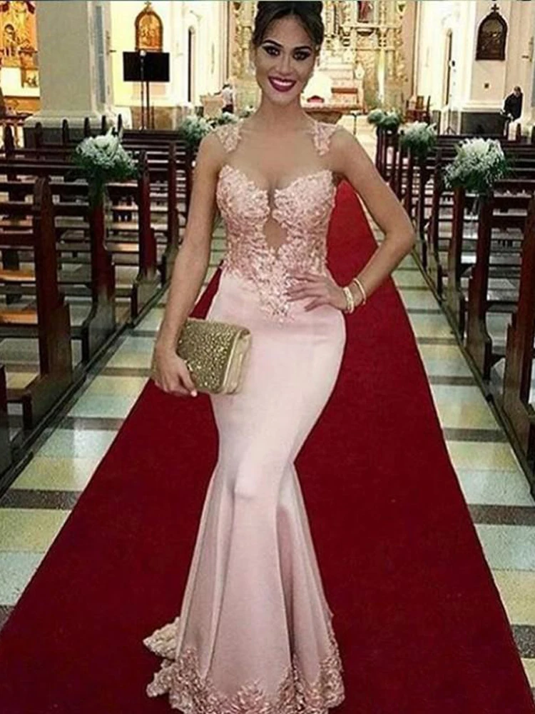 2022 Blush Pink Satin Mermaid Evening Dresses Long Sleeveless Elegant Lace Appliques Formal Prom Party Gowns Plus Size
2022 Blush Pink Satin Mermaid Evening Dresses Long Sleeveless Elegant Lace Appliques Formal Prom Party Gowns Plus Size