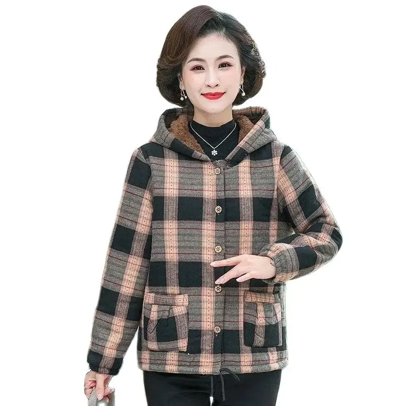 Middle-Aged Elderly Women's Autumn Winter Jacket Add Velvet Hooded Short Cotton Coat Casual Loose Plaid Outerwear Female 5XL
Middle-Aged Elderly Women's Autumn Winter Jacket Add Velvet Hooded Short Cotton Coat Casual Loose Plaid Outerwear Female 5XL