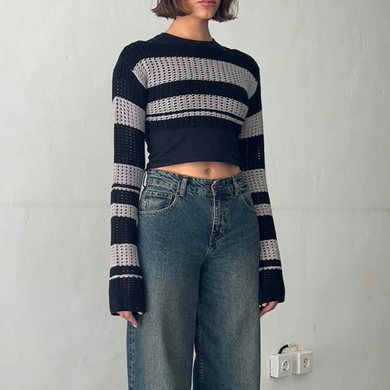 Combhasaki женские Y2K винтажные полосатые пуловеры контрастного цвета вязаное ажурное болеро с длинными рукавами и круглым вырезом укороченный свитер топы 
Combhasaki женские Y2K винтажные полосатые пуловеры контрастного цвета вязаное ажурное болеро с длинными рукавами и круглым вырезом укороченный свитер топы