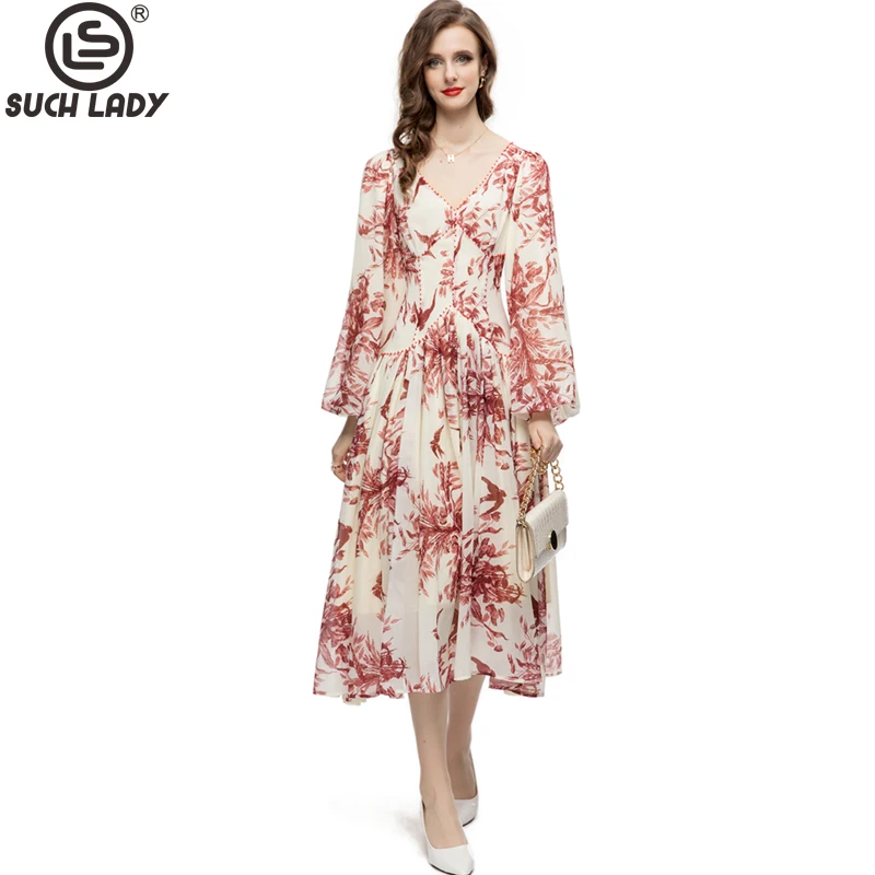 Women's Runway Dresses V Neck Long Lantern Sleeves Printed High Street Fashion Mid Calf Vestidos
Women's Runway Dresses V Neck Long Lantern Sleeves Printed High Street Fashion Mid Calf Vestidos