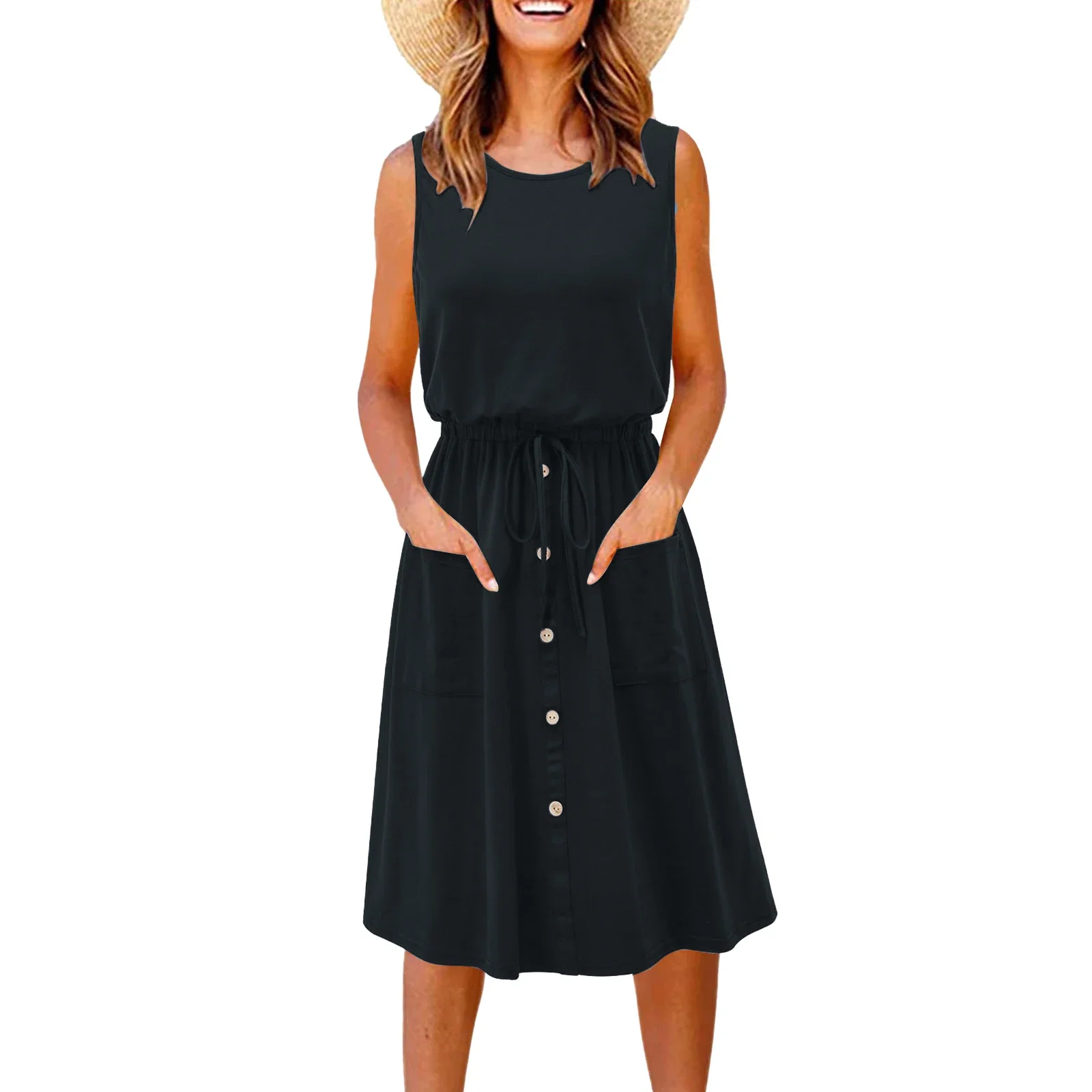 Womens A-line Midi Dress Round Neck Sleeveless Solid Color Button Down Flared Hem Casual Swing Dresses With Pockets Tank Dress
Womens A-line Midi Dress Round Neck Sleeveless Solid Color Button Down Flared Hem Casual Swing Dresses With Pockets Tank Dress