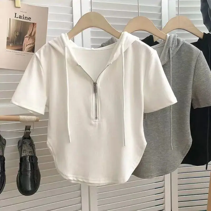 Summer New Style Pure Desire Short Sleeve Hot Girl Women's T-shirt Drawstring Hood Zipper White Polyester Spandex Blend Top
Summer New Style Pure Desire Short Sleeve Hot Girl Women's T-shirt Drawstring Hood Zipper White Polyester Spandex Blend Top