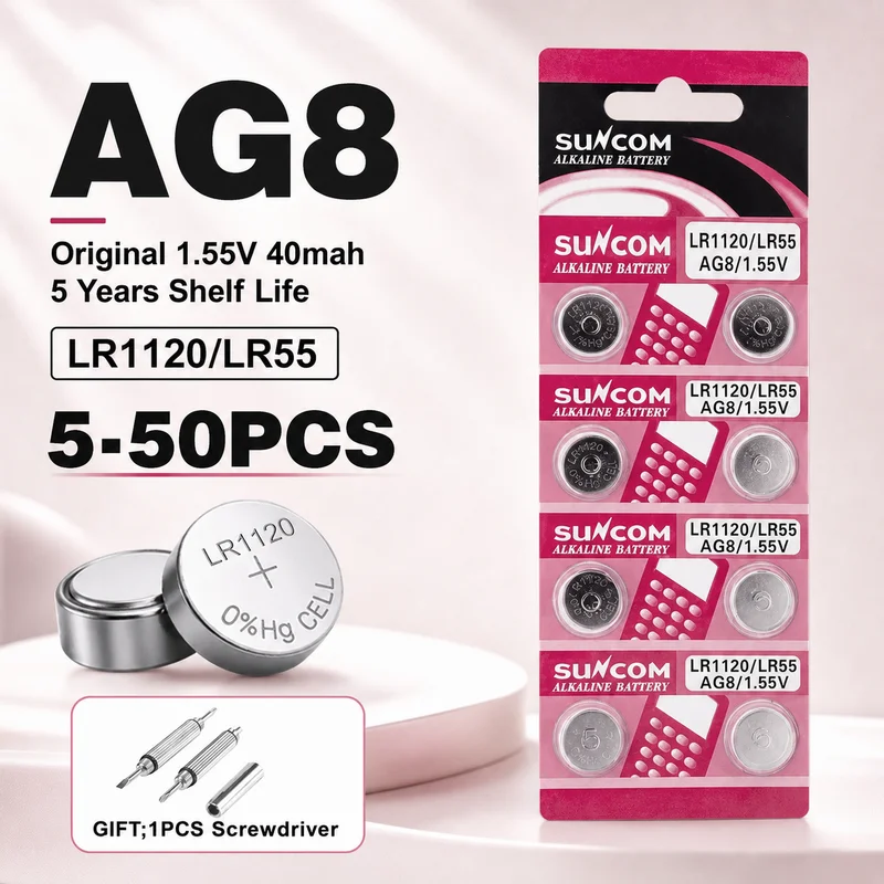 5-50Pcs AG8 LR1120 391 SR1120 1.55V 40mAh Button Coin Cell Batteries for Watches Toys Remotes R1120W CX191 G8A 191 391A SR1120SW
5-50Pcs AG8 LR1120 391 SR1120 1.55V 40mAh Button Coin Cell Batteries for Watches Toys Remotes R1120W CX191 G8A 191 391A SR1120SW