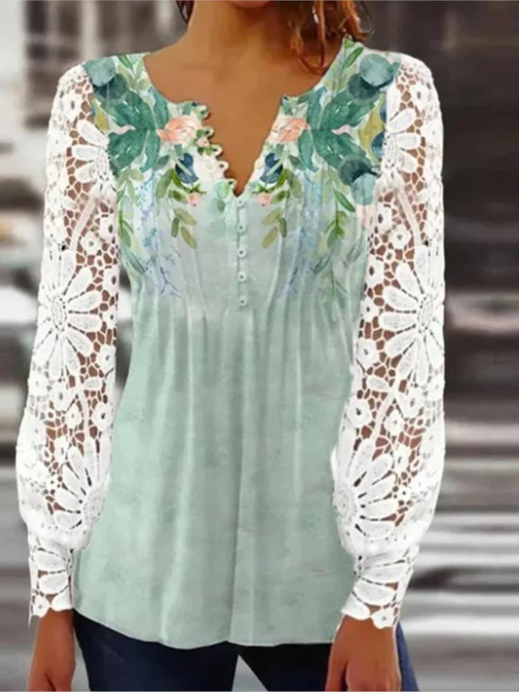 Spring Autumn Women's New Solid Color Fashion Printed Sexy Lace Hollow Splicing Long Sleeve Button T-shirt Bottom Shirt
Spring Autumn Women's New Solid Color Fashion Printed Sexy Lace Hollow Splicing Long Sleeve Button T-shirt Bottom Shirt