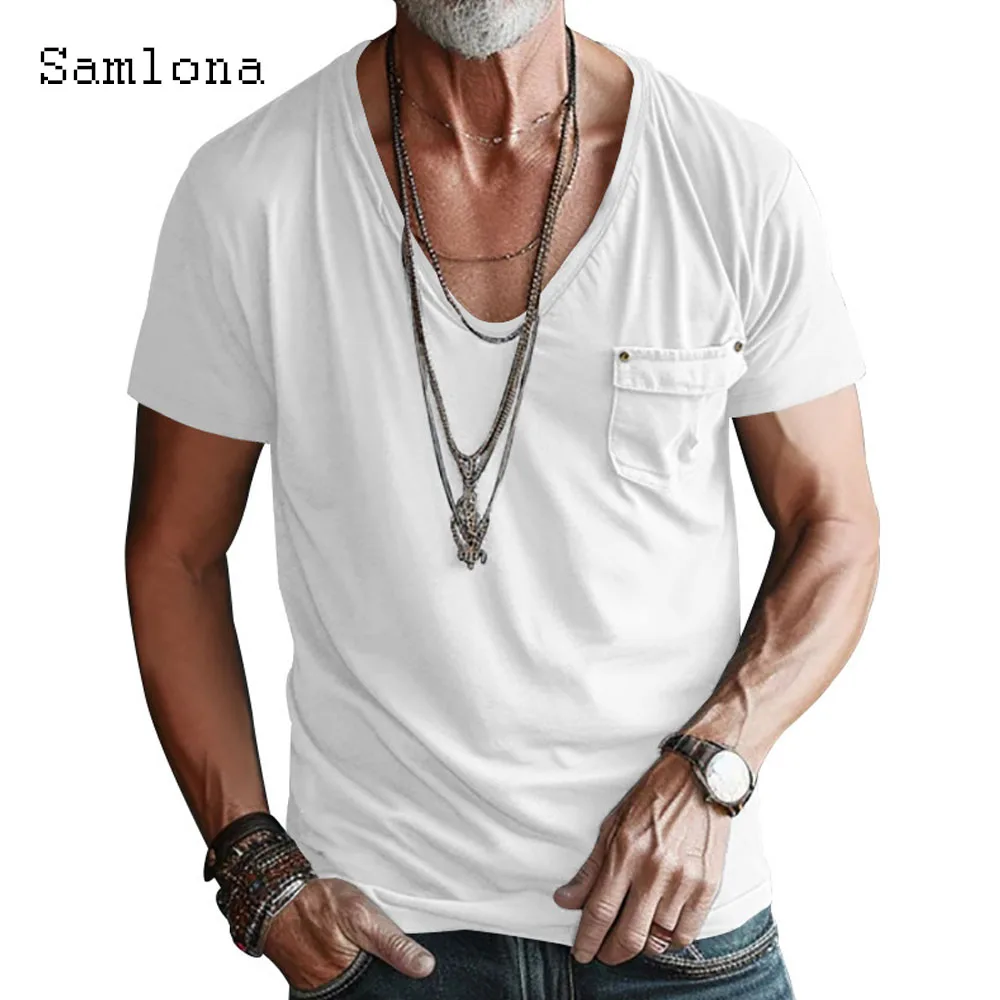 Solid V-Neck Tops Men Short Sleeve Fashion Skinny T-shirt with Pocket 2025 New Summer Casual Pullovers White Soft Tees Clothing
Solid V-Neck Tops Men Short Sleeve Fashion Skinny T-shirt with Pocket 2025 New Summer Casual Pullovers White Soft Tees Clothing