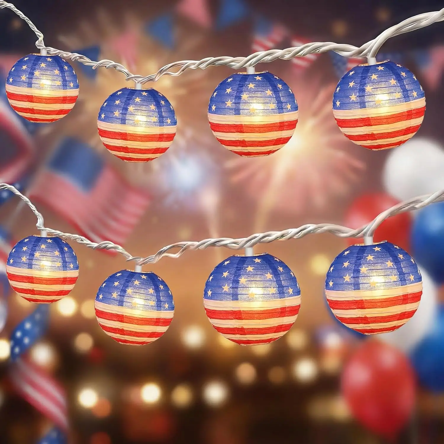 8.5Ft American Flag Lantern String Lights Outdoor, 4th of July Decor with 10 Nylon Lanterns, Plug-in Red White Blue for Independence Day
8.5Ft American Flag Lantern String Lights Outdoor, 4th of July Decor with 10 Nylon Lanterns, Plug-in Red White Blue for Independence Day