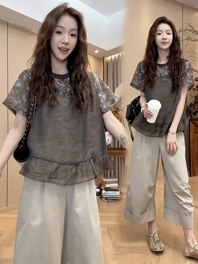 Summer Casual Floral Print Sportswear Set Women's High Waist Wide Leg Pants Two-Piece Suit High Elasticity Short Sleeve T-Shirt
Summer Casual Floral Print Sportswear Set Women's High Waist Wide Leg Pants Two-Piece Suit High Elasticity Short Sleeve T-Shirt
