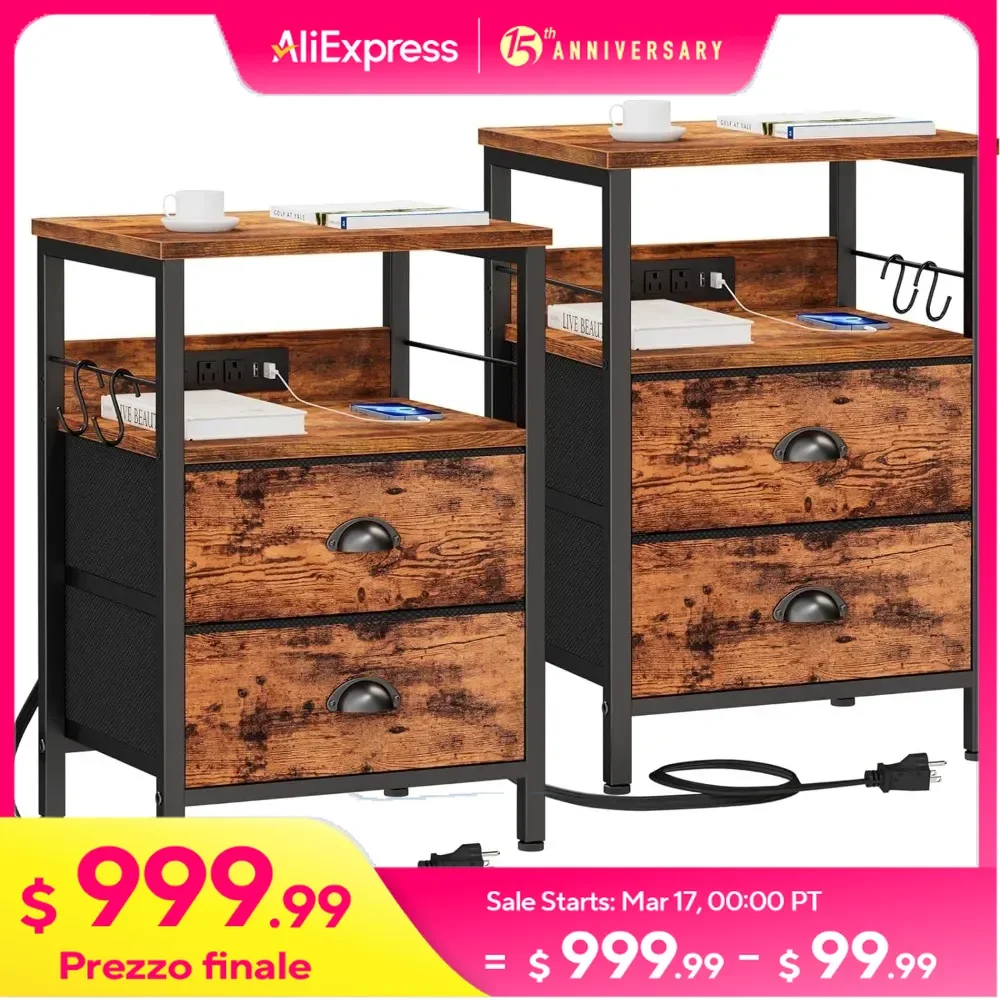 Nightstand Set of 2, with Charging Station and USB Ports, with 2 Fabric Drawers, Bedside Tables with Storage Shelf & Hooks
Nightstand Set of 2, with Charging Station and USB Ports, with 2 Fabric Drawers, Bedside Tables with Storage Shelf & Hooks