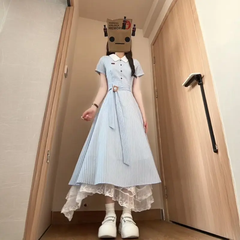 Korean College Style Blue Striped Dress Medium And Long Summer New Mori Temperament Strap Waist Skirt Women's Tide
Korean College Style Blue Striped Dress Medium And Long Summer New Mori Temperament Strap Waist Skirt Women's Tide