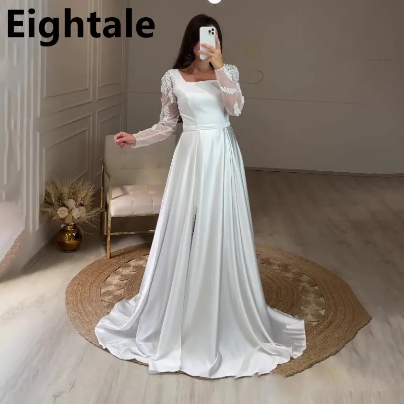 Eightale White Long Sleeve Square Neck Evening Dresses Side Slit Dubai A-Line Celebrity Formal Party Gown Satin Prom Dress
Eightale White Long Sleeve Square Neck Evening Dresses Side Slit Dubai A-Line Celebrity Formal Party Gown Satin Prom Dress