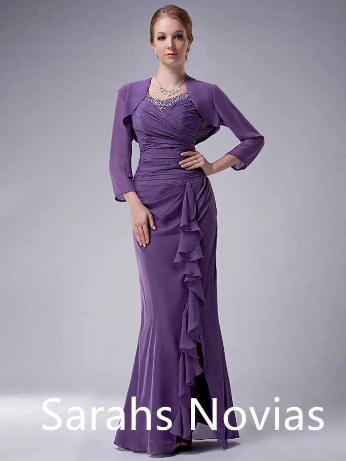 Purple Long Mermaid Mother of the Bride Dress With Jackets Bolero Beaded Ruched Split Ruffles Mother's Wedding Dress
Purple Long Mermaid Mother of the Bride Dress With Jackets Bolero Beaded Ruched Split Ruffles Mother's Wedding Dress