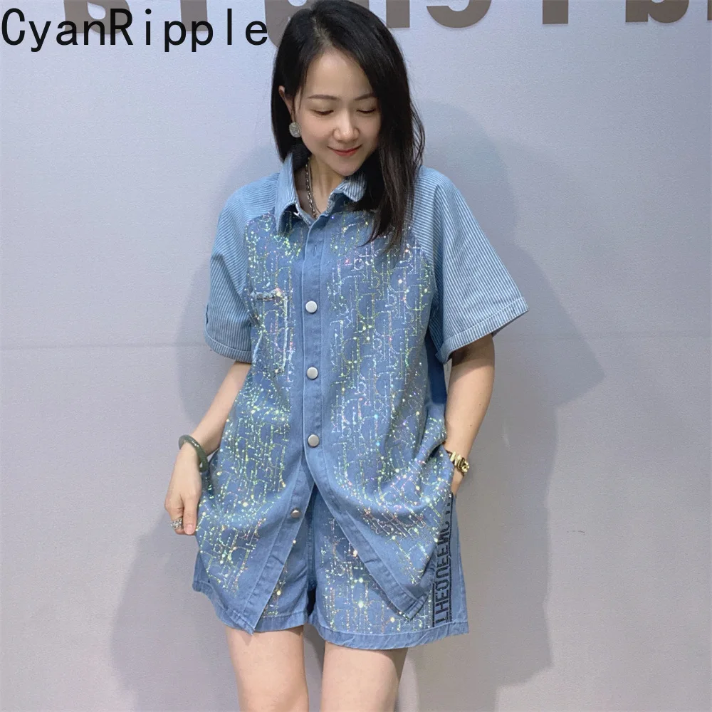 Fashionable Summer Women Denim Sets Shiny Letters Hot Diamonds Short Sleeve Cardigans Shirt + Elastic Waist Wide Leg Short Jeans
Fashionable Summer Women Denim Sets Shiny Letters Hot Diamonds Short Sleeve Cardigans Shirt + Elastic Waist Wide Leg Short Jeans