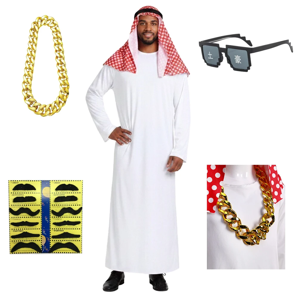 Men's Arab Cosplay Robe Golden Chain Sunglasses Beard Arabian Costume White Thobe with Headscarf Halloween Themed Party Suit
Men's Arab Cosplay Robe Golden Chain Sunglasses Beard Arabian Costume White Thobe with Headscarf Halloween Themed Party Suit