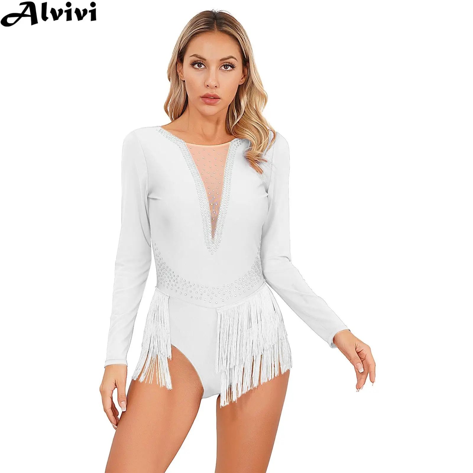 Womens Latin Dance Figure Skating Perforamnce Dress Ballet Gymnastics Leotard Long Sleeve Shiny Rhinestone Mesh Tassel Bodysuit
Womens Latin Dance Figure Skating Perforamnce Dress Ballet Gymnastics Leotard Long Sleeve Shiny Rhinestone Mesh Tassel Bodysuit