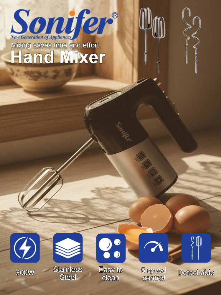 Electric Hand Mixer Sonifer SF-7040 300W 5 Speed Turbo Egg Beater Stainless Steel Housing with Dough Hooks for Home Baking Kitch
Electric Hand Mixer Sonifer SF-7040 300W 5 Speed Turbo Egg Beater Stainless Steel Housing with Dough Hooks for Home Baking Kitch