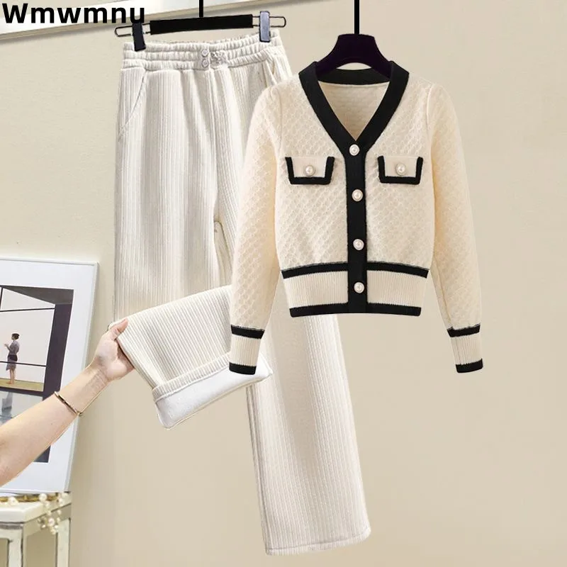 Fall Winter Warm Soft Knitted 2 Piece Sets Casual V-neck Cardigan Sweater Coats Tops Conjunto Elegant Wide Leg Pants Ensembles
Fall Winter Warm Soft Knitted 2 Piece Sets Casual V-neck Cardigan Sweater Coats Tops Conjunto Elegant Wide Leg Pants Ensembles