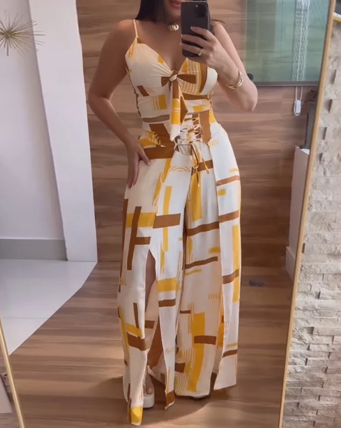 Women's Suit 2025 2 Pieces Vacation Outfit Colorblock V-Neck Spaghetti Strap Crop Top Tied Detail High Slit Wide Leg Pants Set
Women's Suit 2025 2 Pieces Vacation Outfit Colorblock V-Neck Spaghetti Strap Crop Top Tied Detail High Slit Wide Leg Pants Set