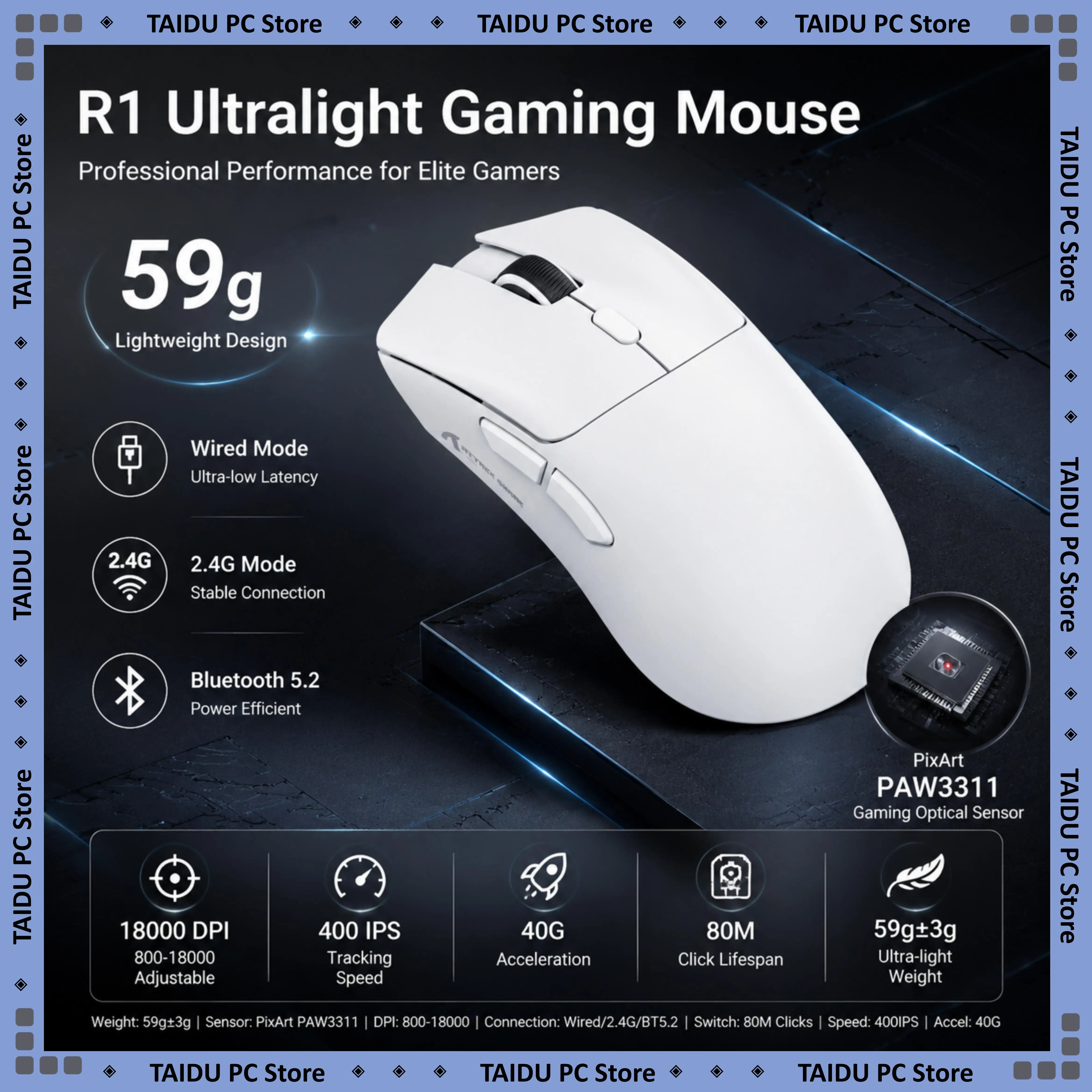 ATTACK SHARK R1 Lightweight Gaming Mouse PAW3311 Sensor 18000DPI 3 Modes Wired 2.4G BT5.2 Wireless Mouse
ATTACK SHARK R1 Lightweight Gaming Mouse PAW3311 Sensor 18000DPI 3 Modes Wired 2.4G BT5.2 Wireless Mouse