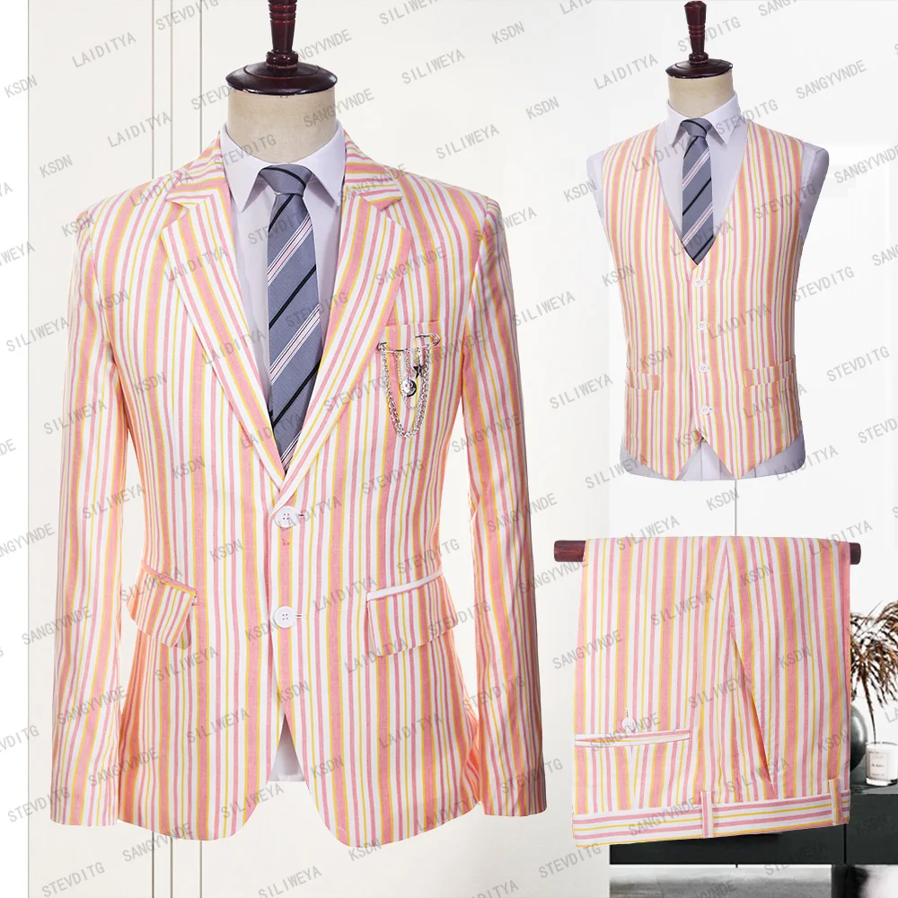 Summer Beach Men Suits 3 Piece Fashion Orange Vertical Stripes Thin Cool Male Suit Notch Lapel Slim Fit Blazer Full Men's Suit
Summer Beach Men Suits 3 Piece Fashion Orange Vertical Stripes Thin Cool Male Suit Notch Lapel Slim Fit Blazer Full Men's Suit