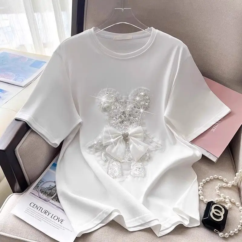 Summer New Vintage Preppy Style Bow O-neck Top Pullovers Women's Casual Short Sleeve Little Bear Beading Chic T-shirt
Summer New Vintage Preppy Style Bow O-neck Top Pullovers Women's Casual Short Sleeve Little Bear Beading Chic T-shirt
