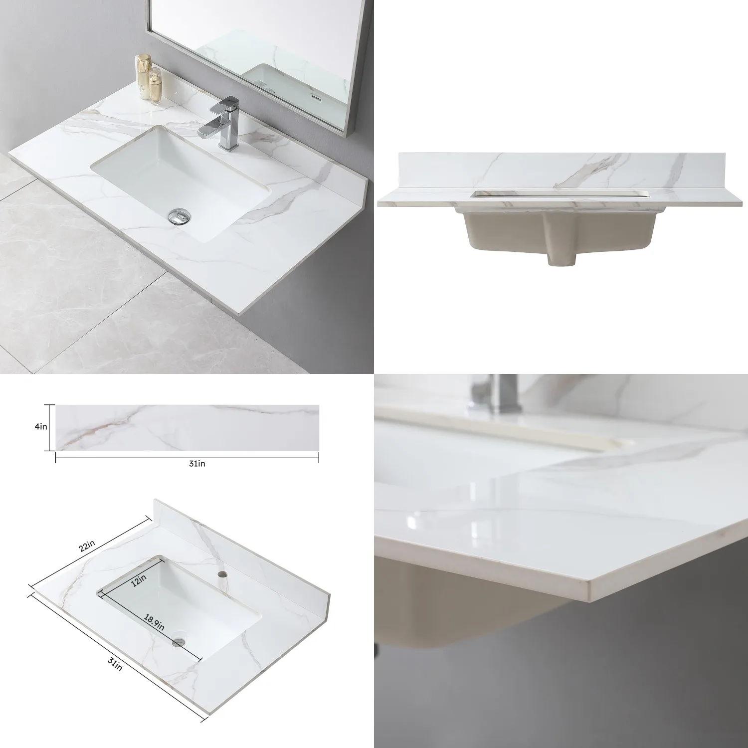 31x22 Inch Sintered Stone Vanity Top Undermount Ceramic Sink & Backsplash Marble Bathroom Countertop with 3 Holes, Customized
31x22 Inch Sintered Stone Vanity Top Undermount Ceramic Sink & Backsplash Marble Bathroom Countertop with 3 Holes, Customized
