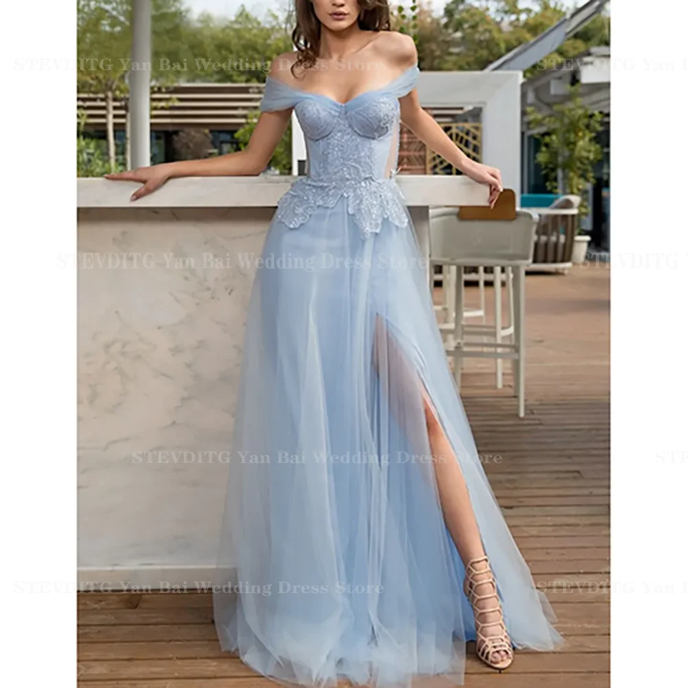 Light Sky Blue Beach Prom Dresses Elegant Off The Shoulder Lace Appliques Sequins Side Split A-Line Formal Evening Party Gowns
Light Sky Blue Beach Prom Dresses Elegant Off The Shoulder Lace Appliques Sequins Side Split A-Line Formal Evening Party Gowns