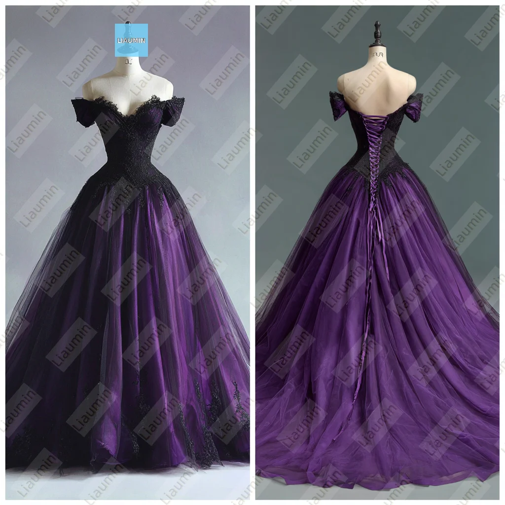 Classic Purple and Black Tulle Lace Applique Off The Shoulder Evening Prom Wedding Formal Dress Lace-up Back Customized A7-1.63 
Classic Purple and Black Tulle Lace Applique Off The Shoulder Evening Prom Wedding Formal Dress Lace-up Back Customized A7-1.63