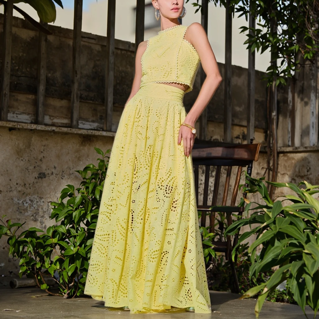 Женская однотонная ажурная юбка из 2 предметов, топы без рукавов с круглым вырезом и люверсами, длинная струящаяся юбка, пляжный повседневный комплект 
Женская однотонная ажурная юбка из 2 предметов, топы без рукавов с круглым вырезом и люверсами, длинная струящаяся юбка, пляжный повседневный комплект